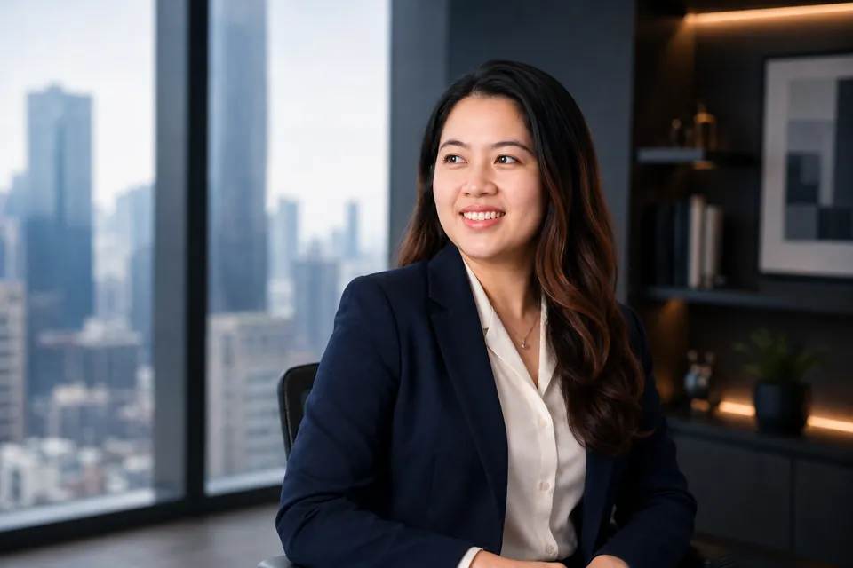 Mena Sevilla seated in a modern office with a city skyline behind her